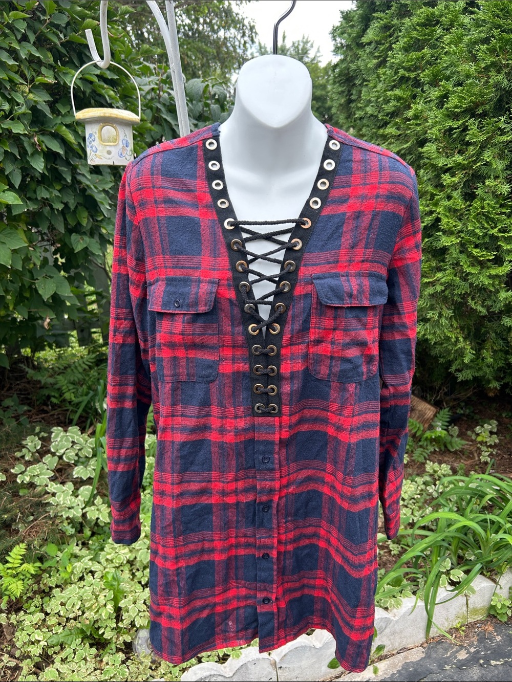 AKIRA Red and Navy Plaid Lace-Up Button Down Shirt